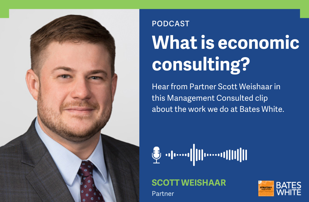 The graphic has two parts: on the left, there is a headshot of a man in a suit and tie. On the right, is some text, including a title, "What is economic consulting?" and a subtitle, "Hear from Partner Scott Weishaar in this Management Consulted clip about