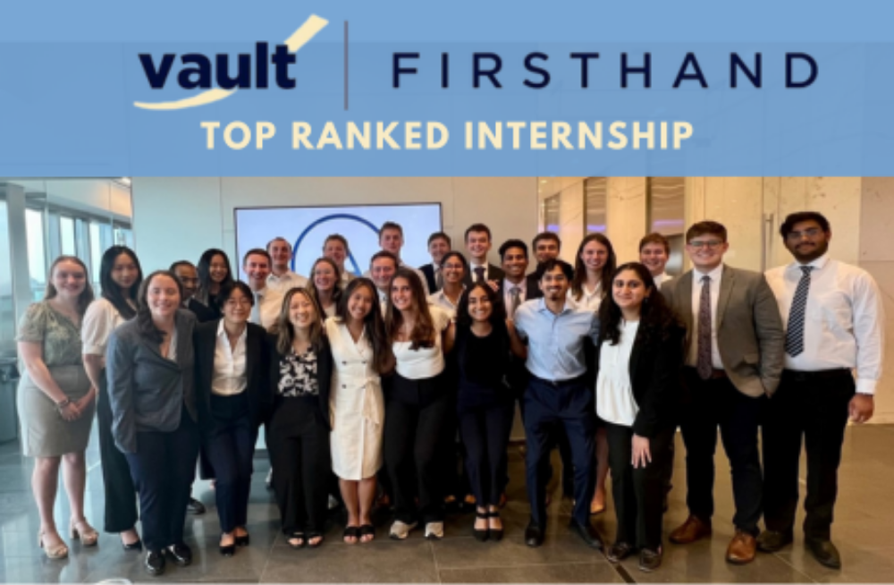 A large group of smiling young adults smiling at the camera. A header above the image reads "Top Ranked Internship."