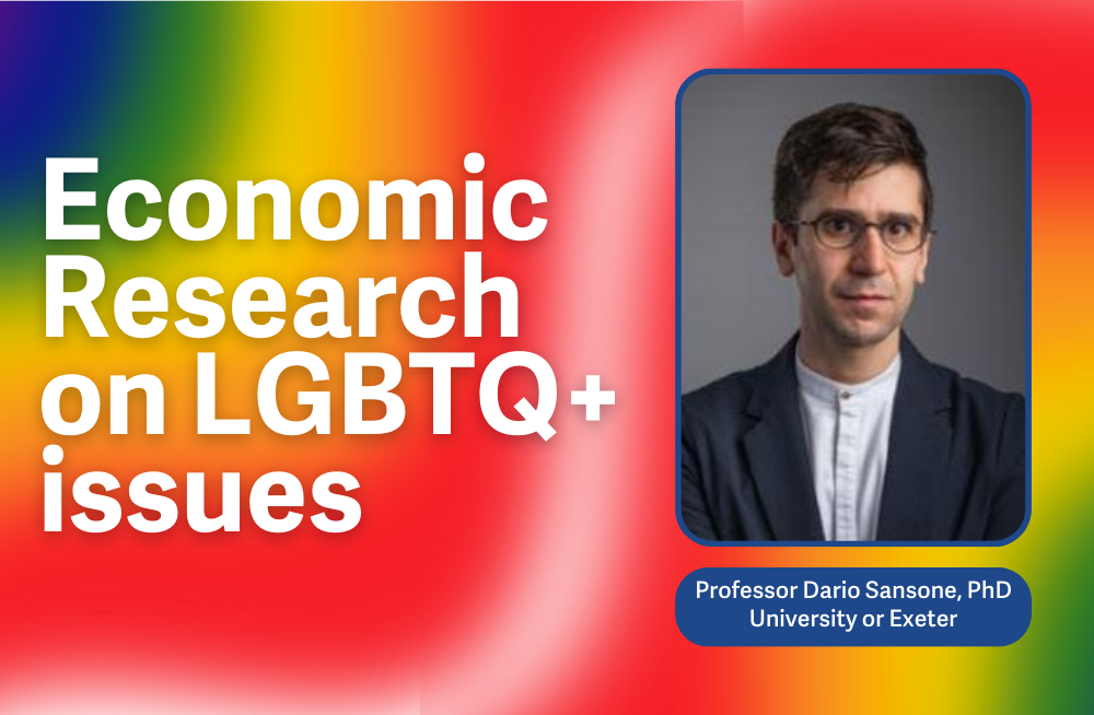 A rainbow-colored slide, titled "Economic Research on LGBTQ+ issues," and on the right, a headshot of Professor Dario Sansone.