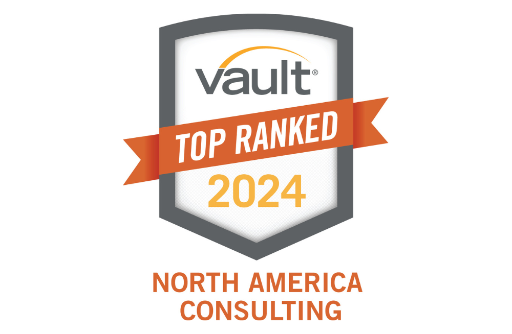 A large award shield reading "Vault Top Ranked 2024", and beneath the shield, the words, "North America Consulting."