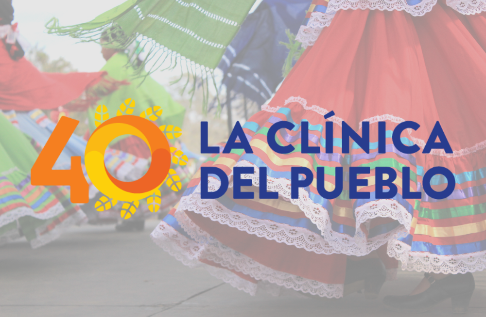 The words "La Clínica del Pueblo" are centered, with an image behind it featuring colorful skirts/dresses.