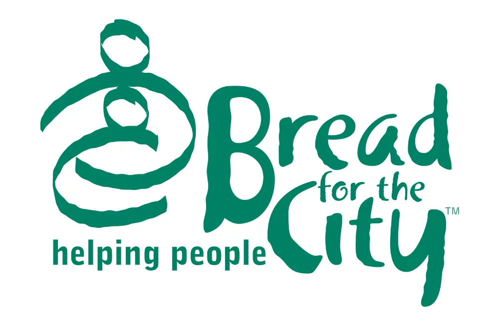 A logo in large green letters reading “Bread for the CityTM.” In smaller letters next to the previous quote are the green words “helping people.”